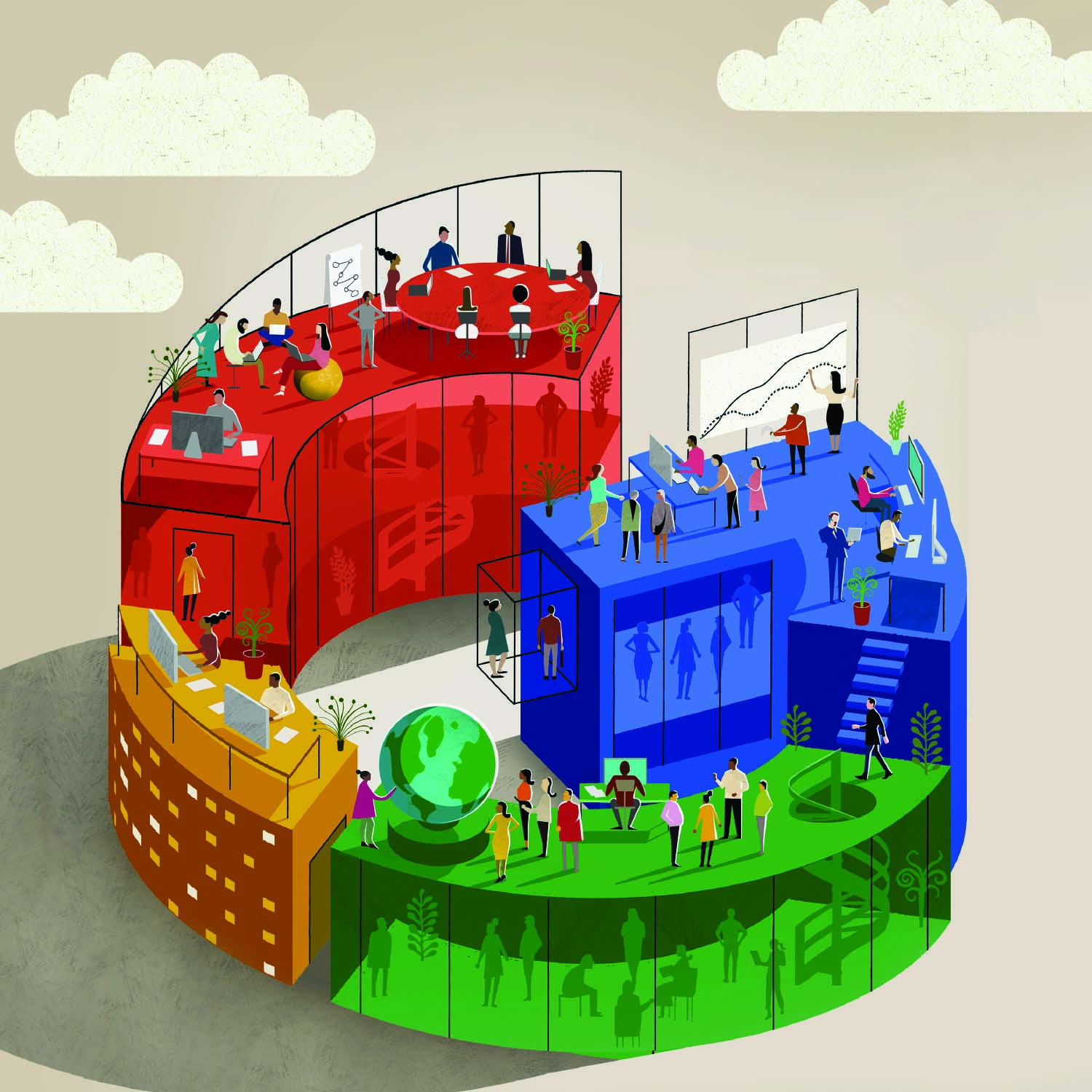 Illustration of Google 'G' as three-dimensional dynamic office space