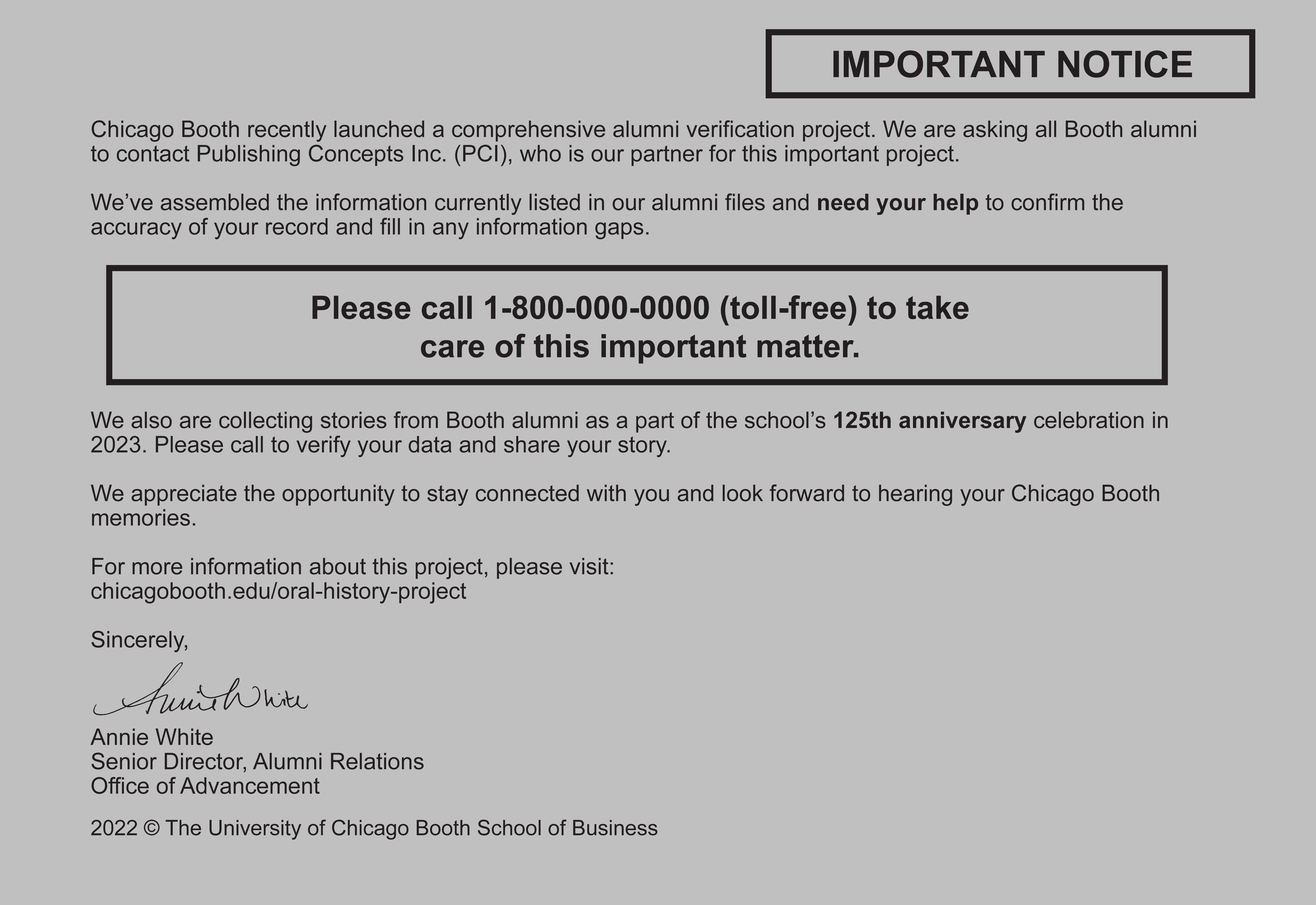 Boooth Alumni Important Notice Postcard Example 1