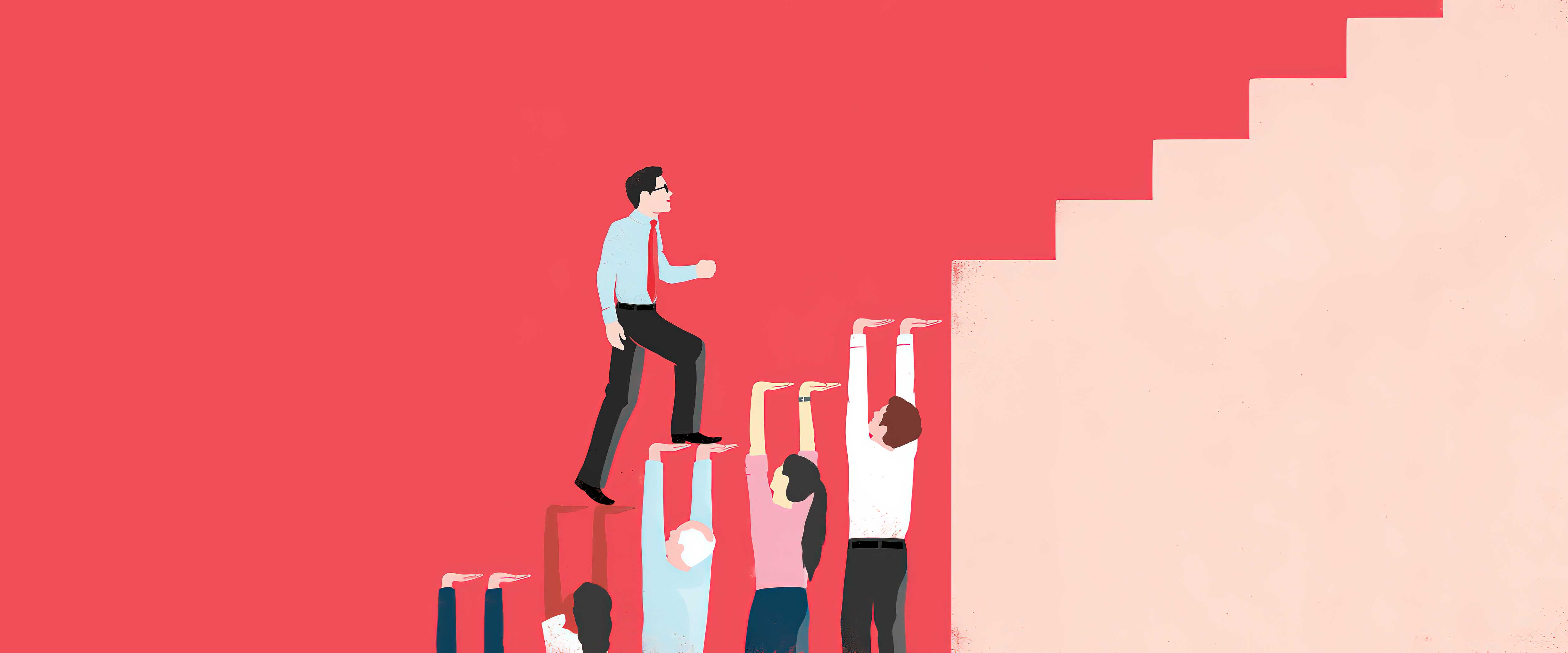 Person walking up steps made by friends and colleagues