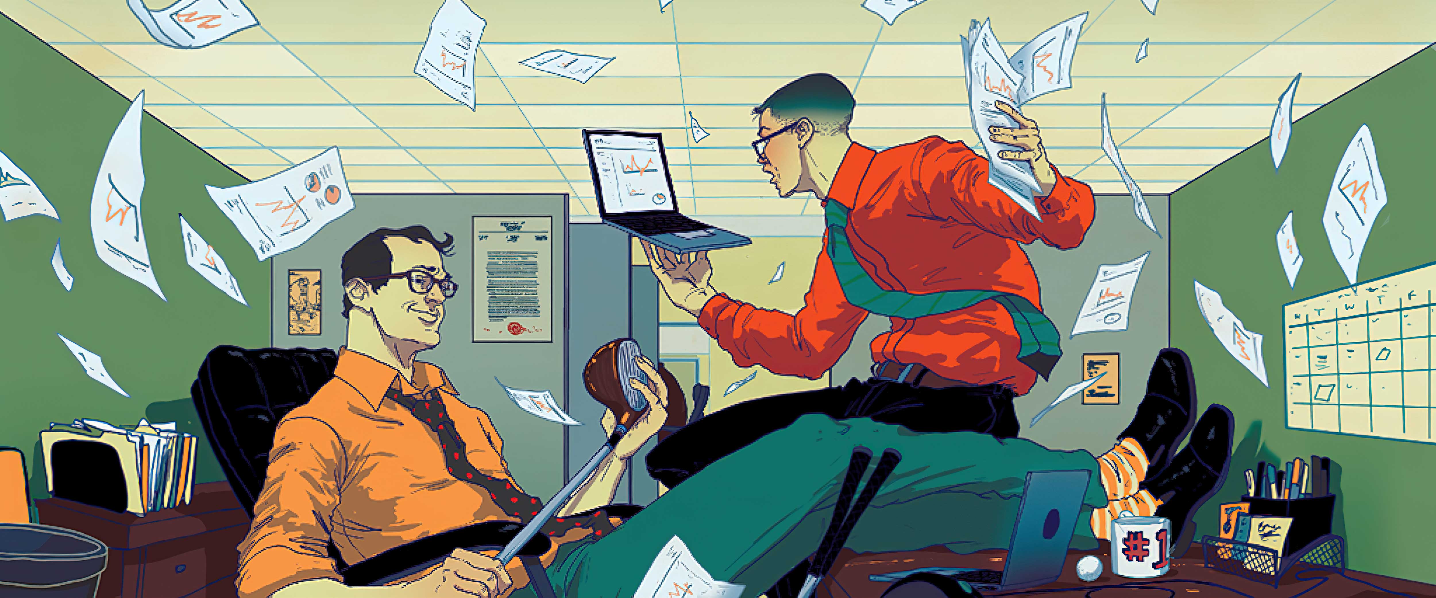 Two coworkers in office space, one relaxed, the other in disarray