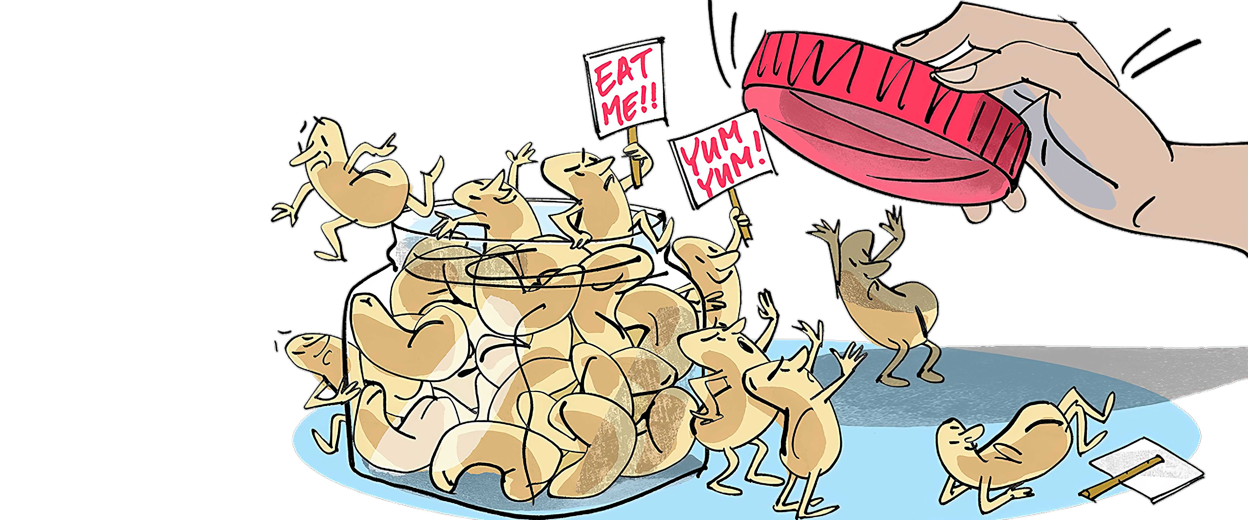 Illustration of anthropomorphic nuts trying to escape from jar