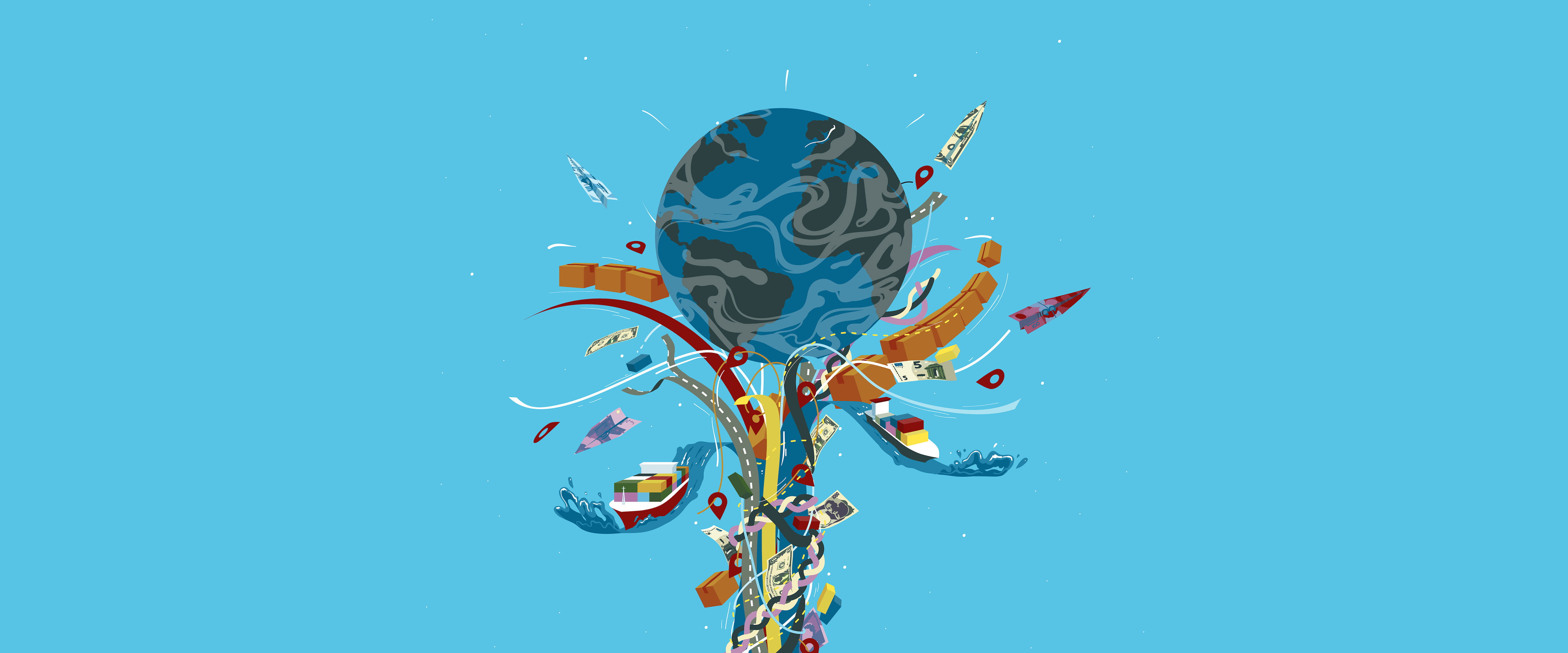 Emblems of the global economy as part of a fountain