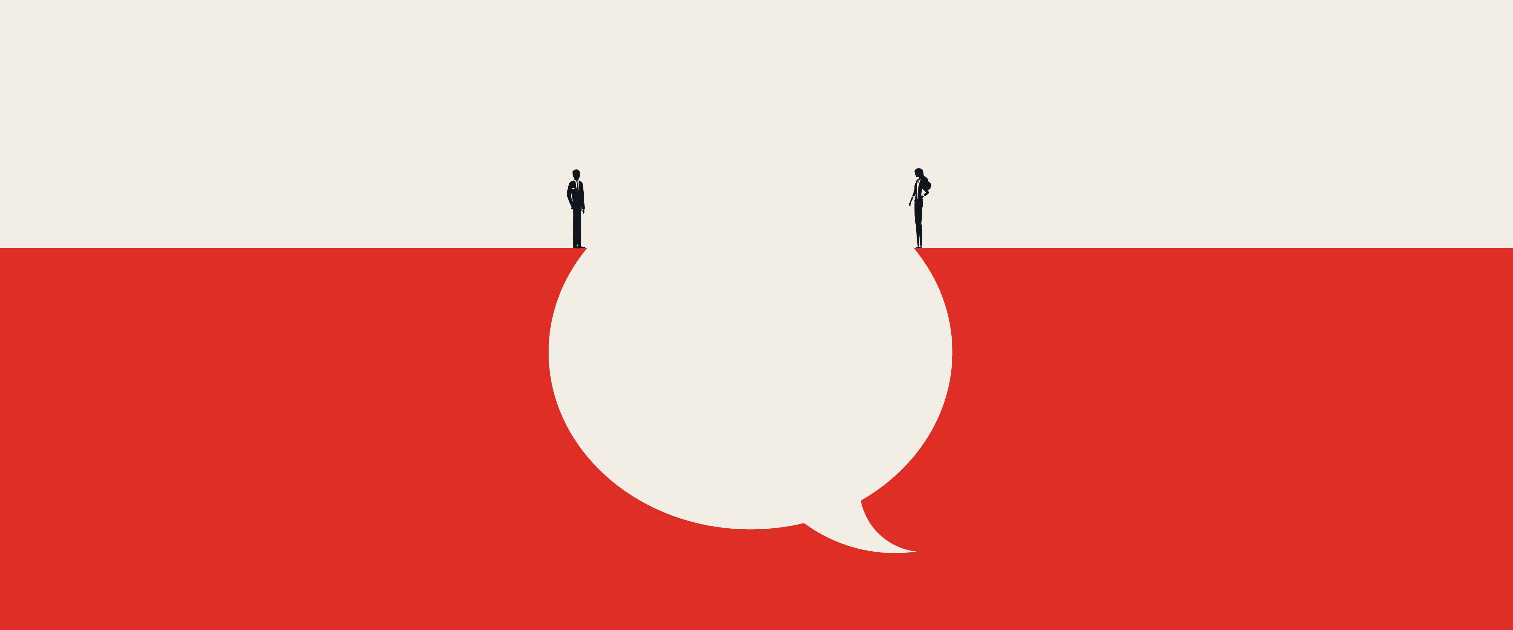 Two people talking across speech bubble