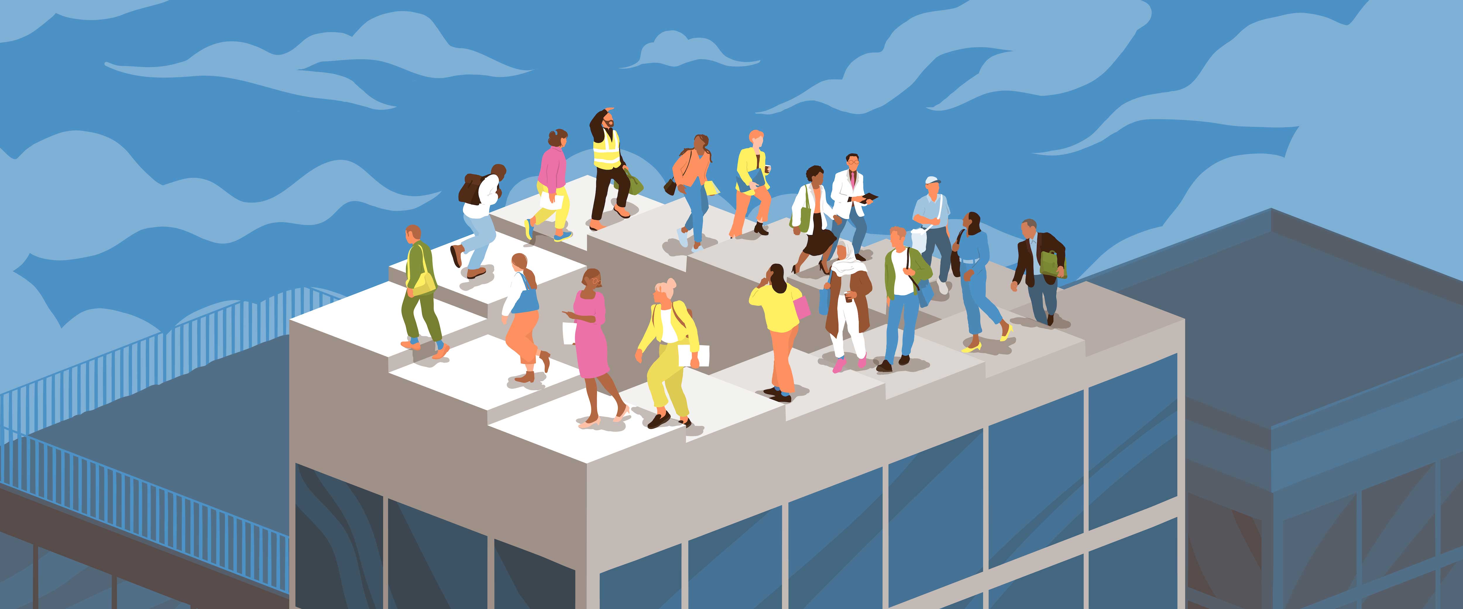 People walking up endless stairs on building top