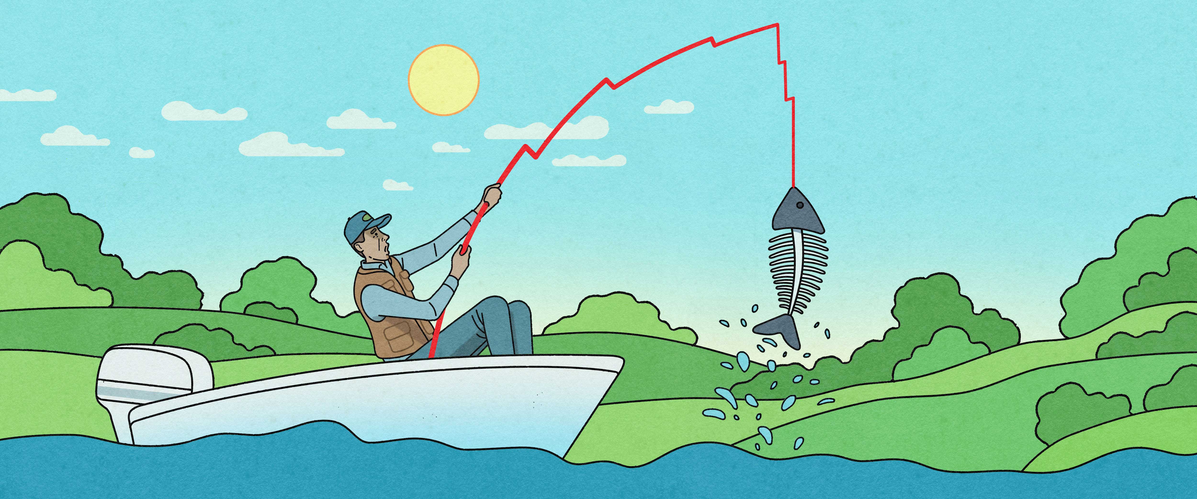 Fisherman reeling in fish skeleton