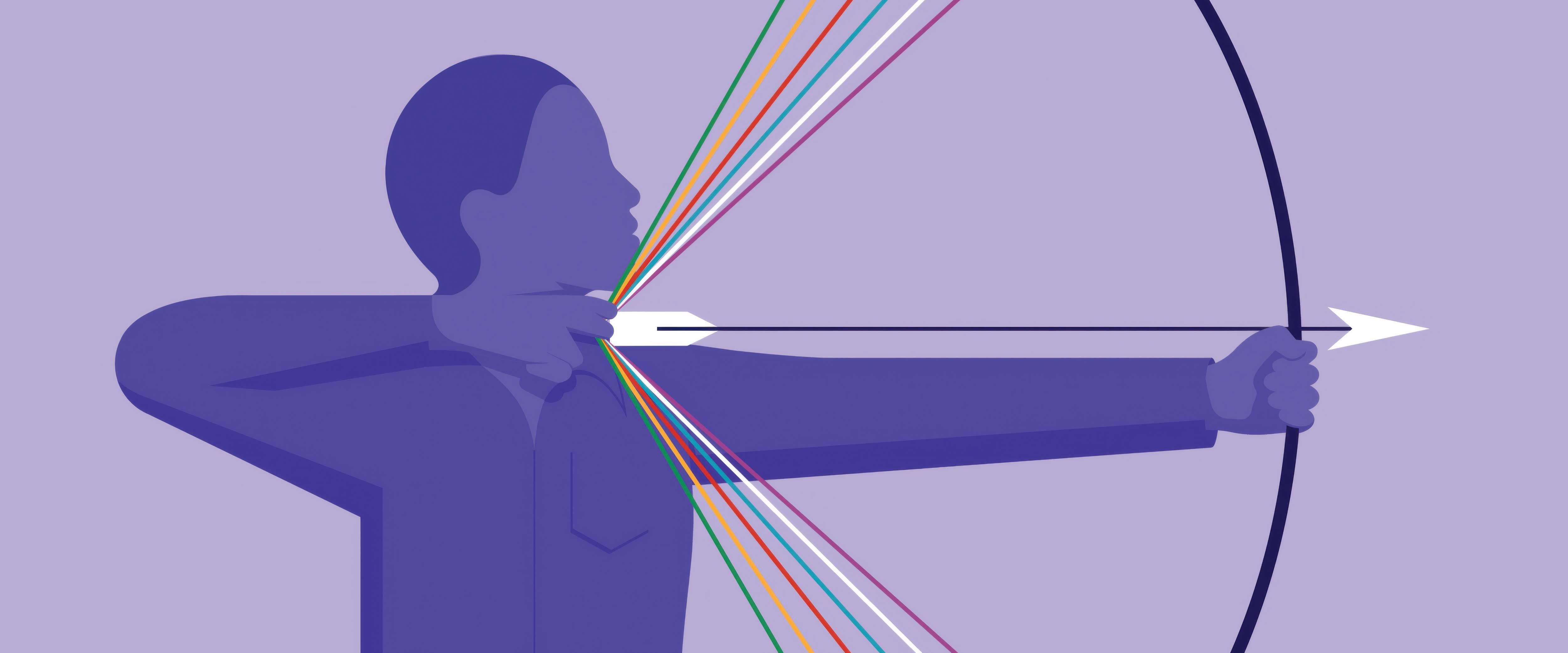 Archer pulling bow with many strings