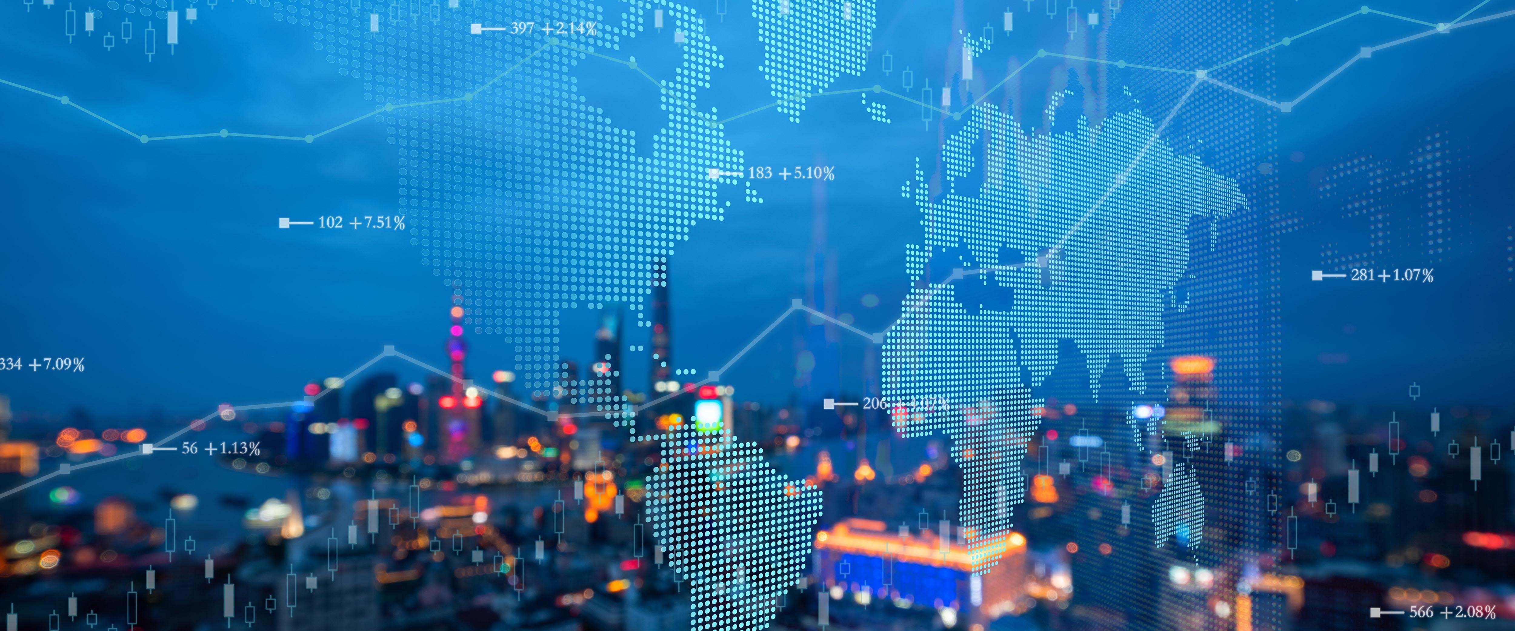 graph on over a city with a world map background