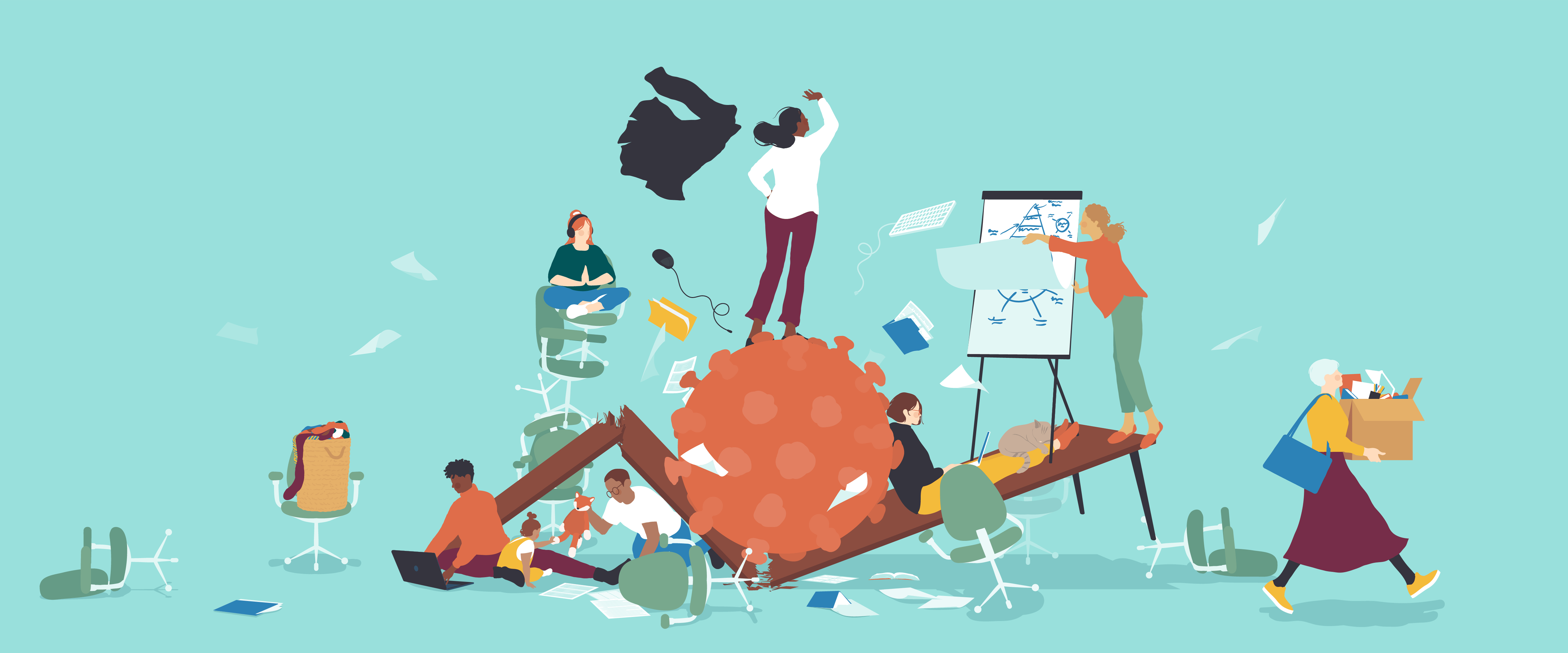 Illustrated women working in unconventional settings