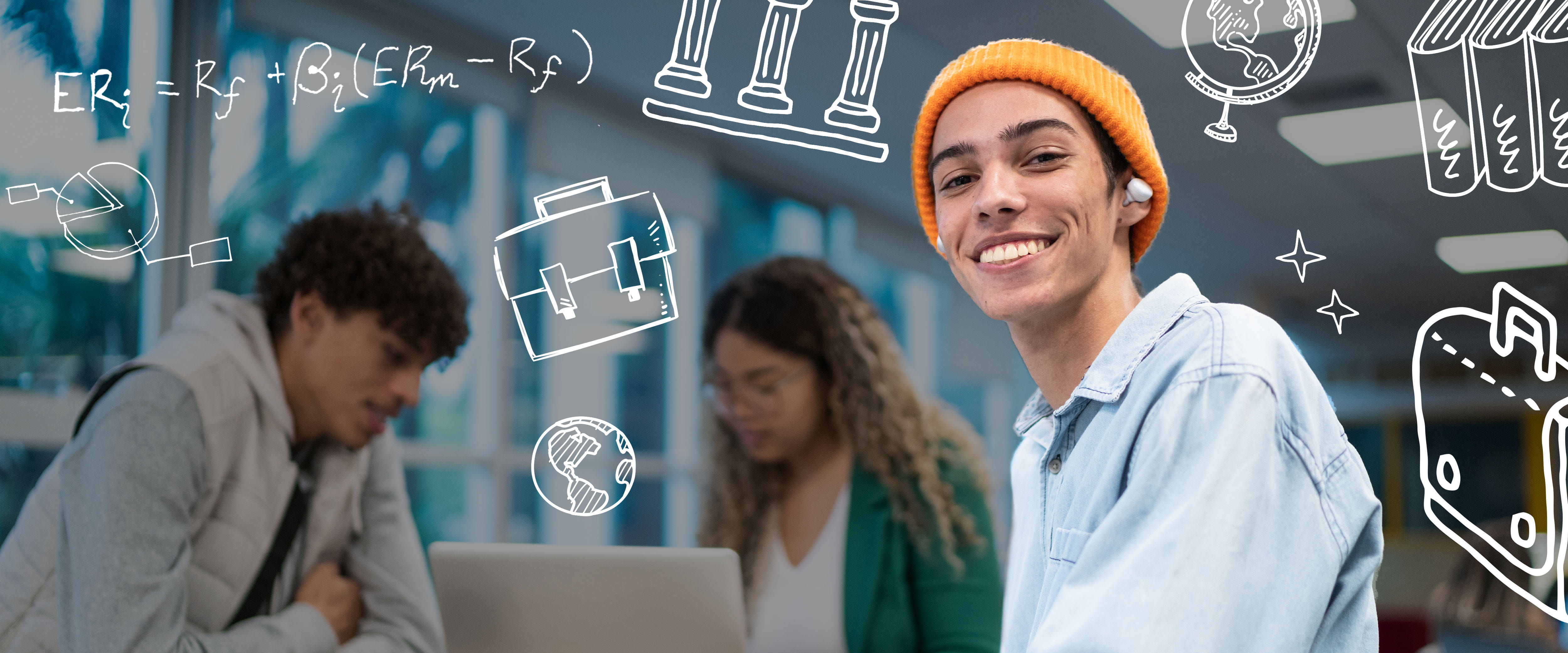 Master's in management student smiling with illustrations in the background