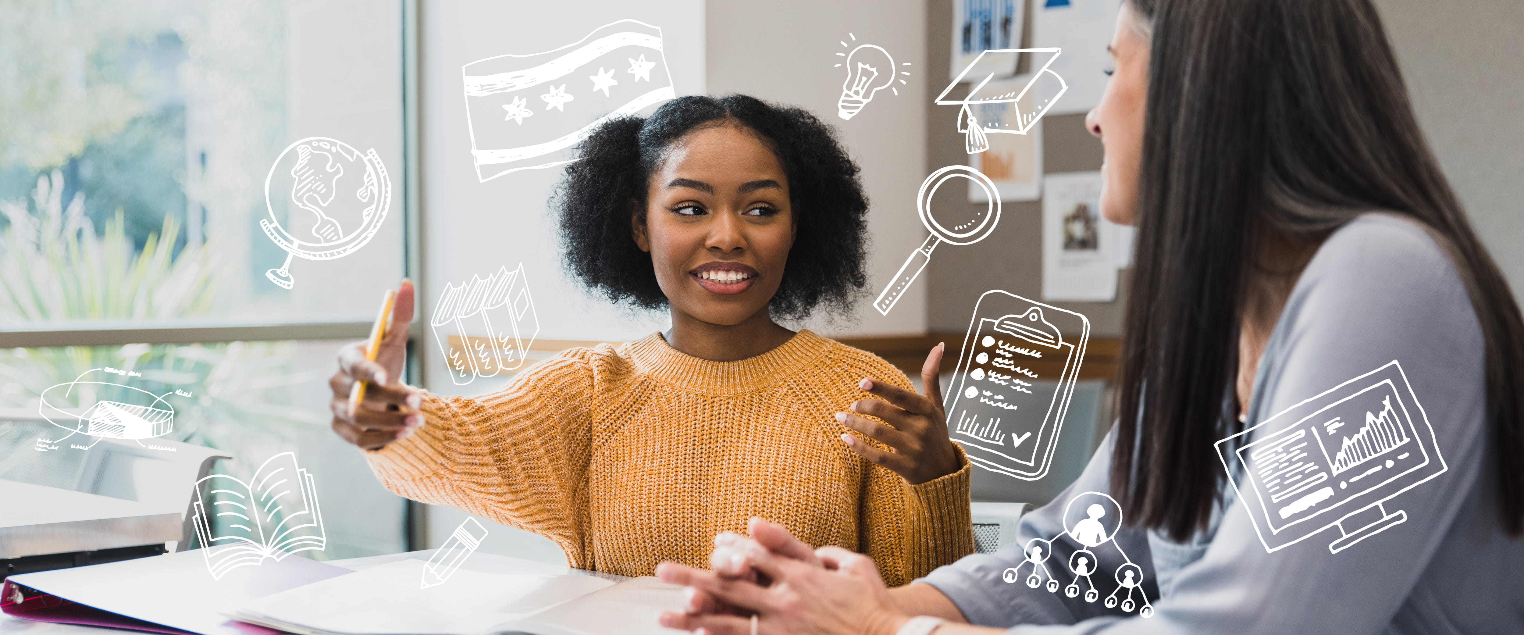 Two MM students talking and smiling at each other