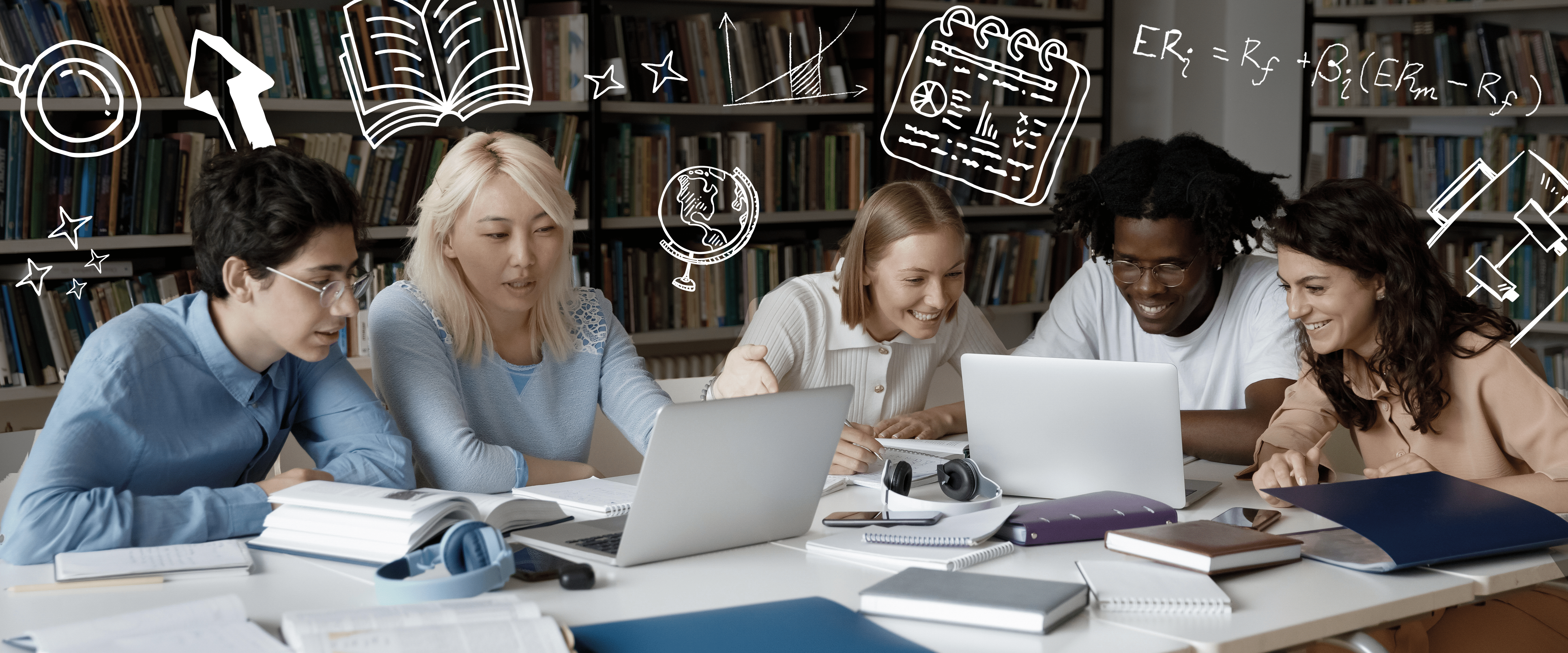Group of management master's degree students sitting at a table with laptops studying