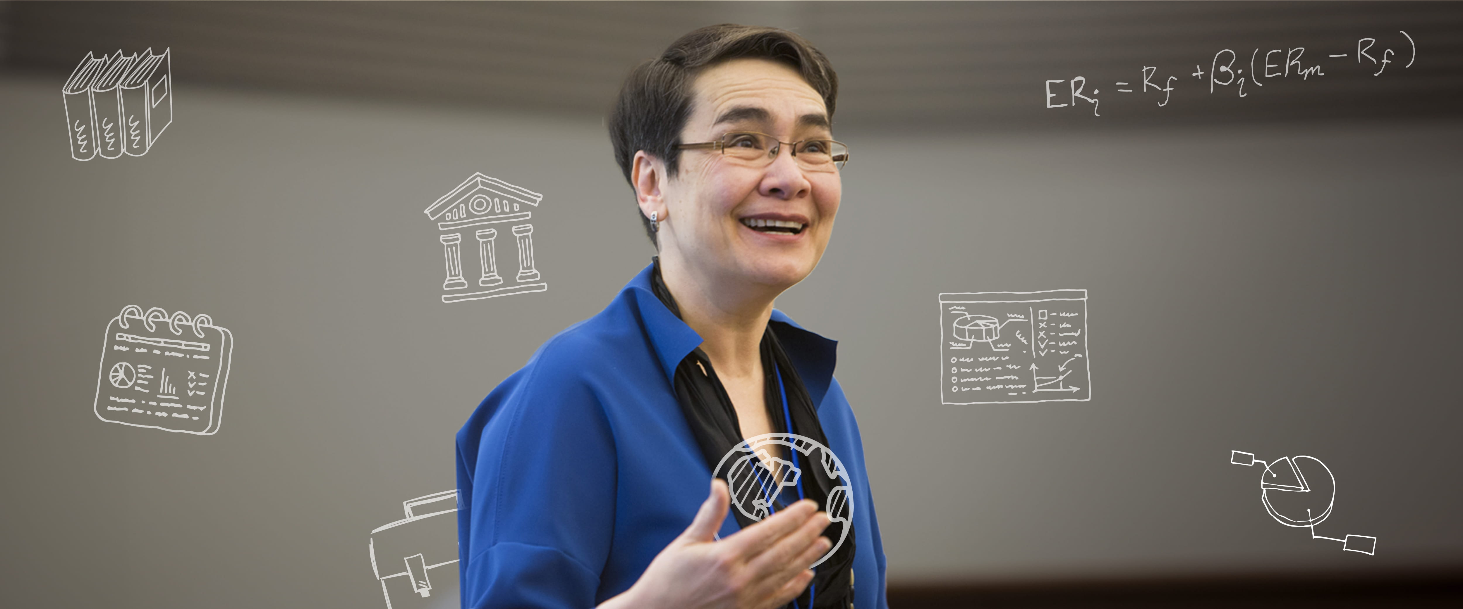 Professor Linda Ginzel in a class with business icons in the background