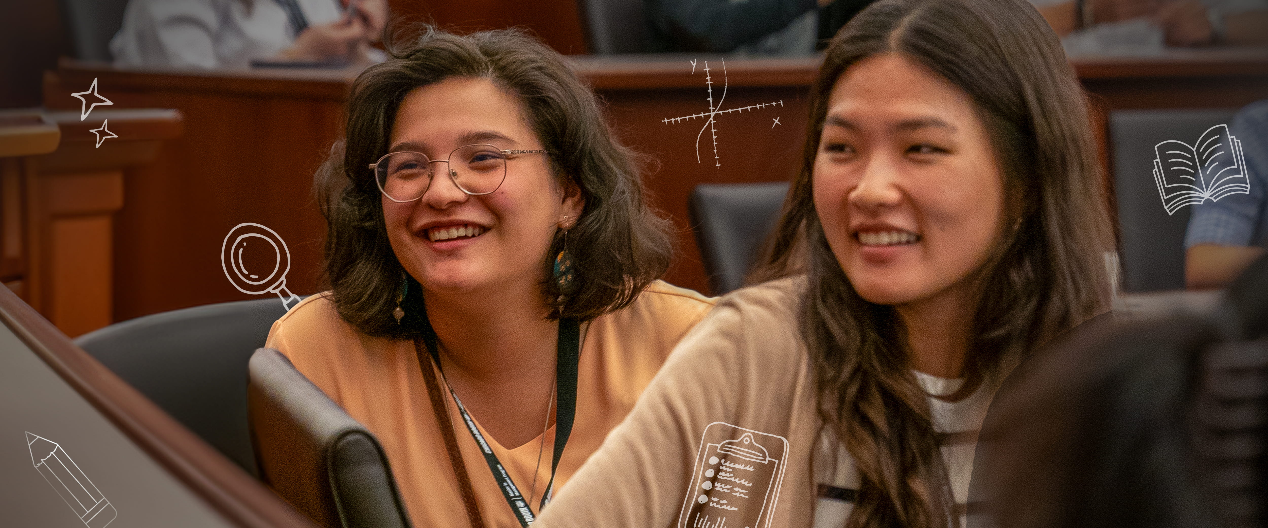 Two MiM students talking and business icons in the background