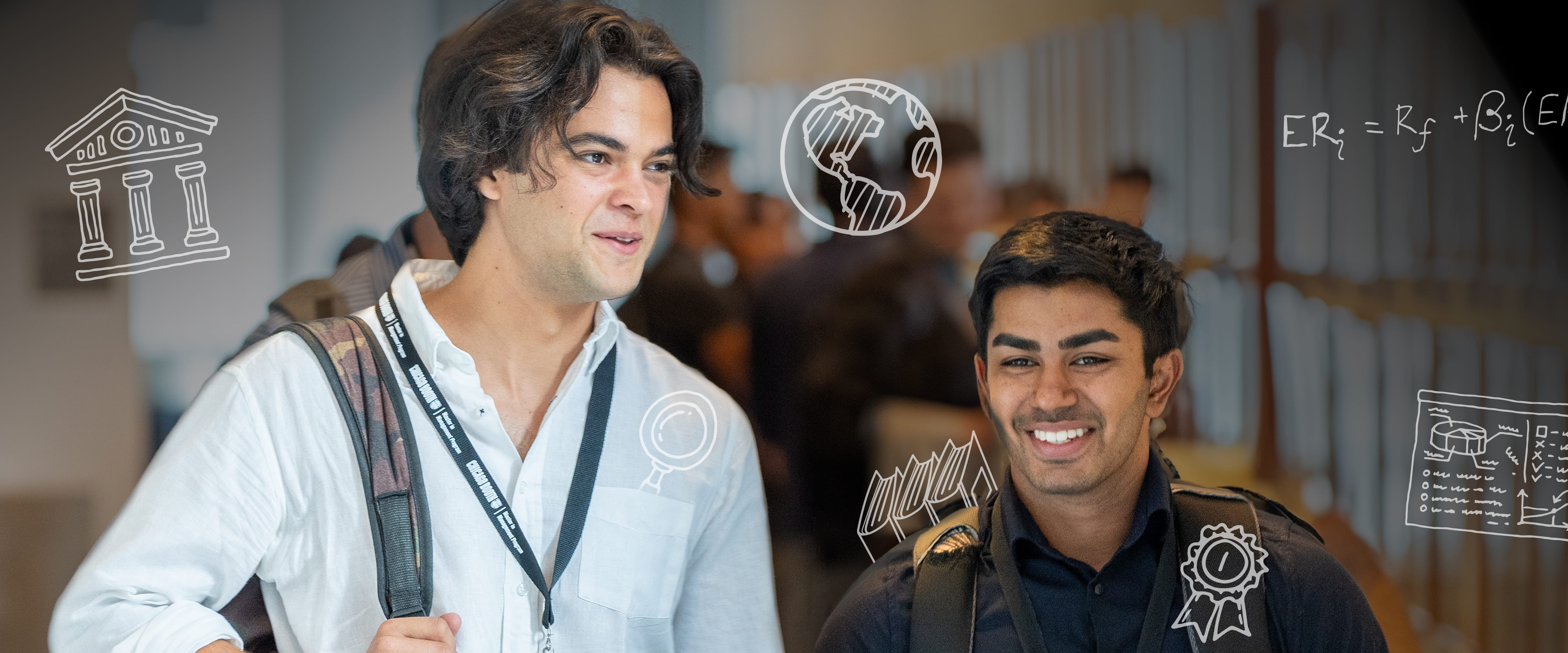 Two Management students talking and business icons are in the background