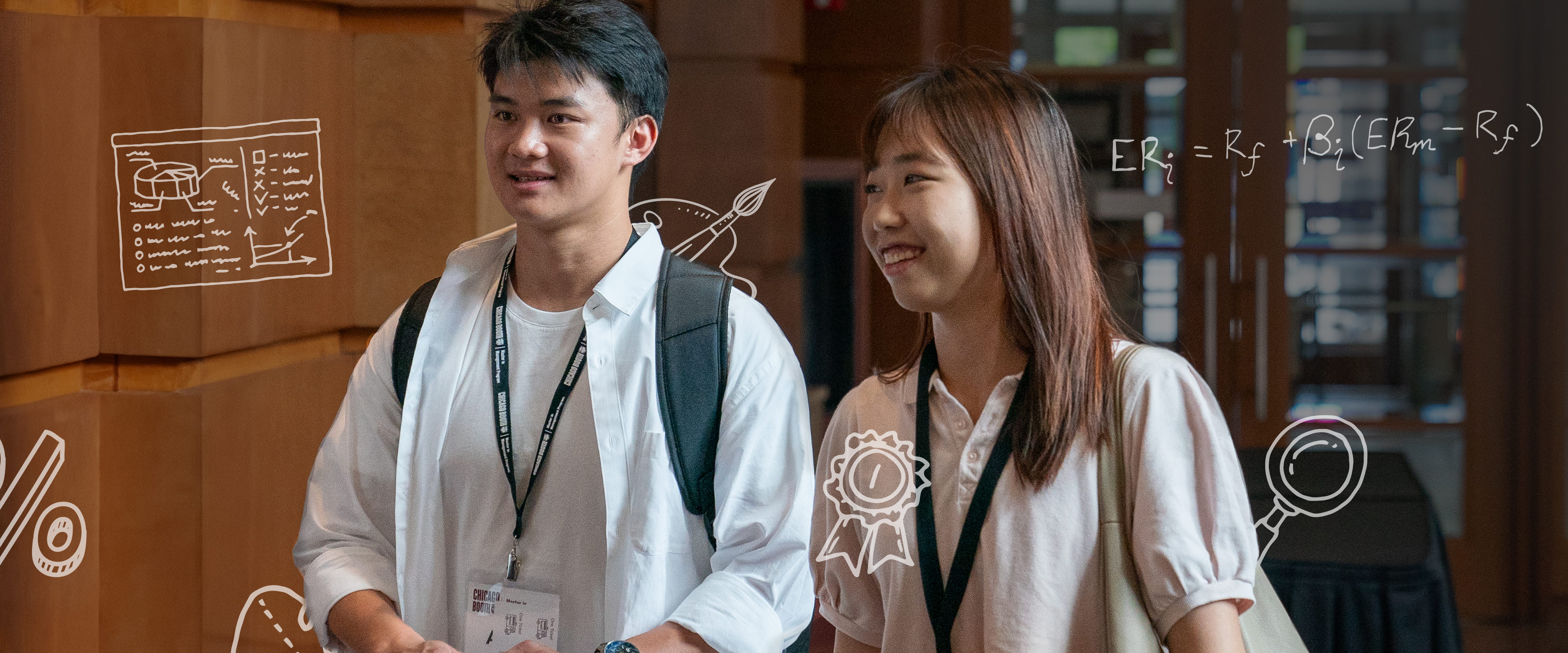 Two MiM students walking on campus with business icons in the background