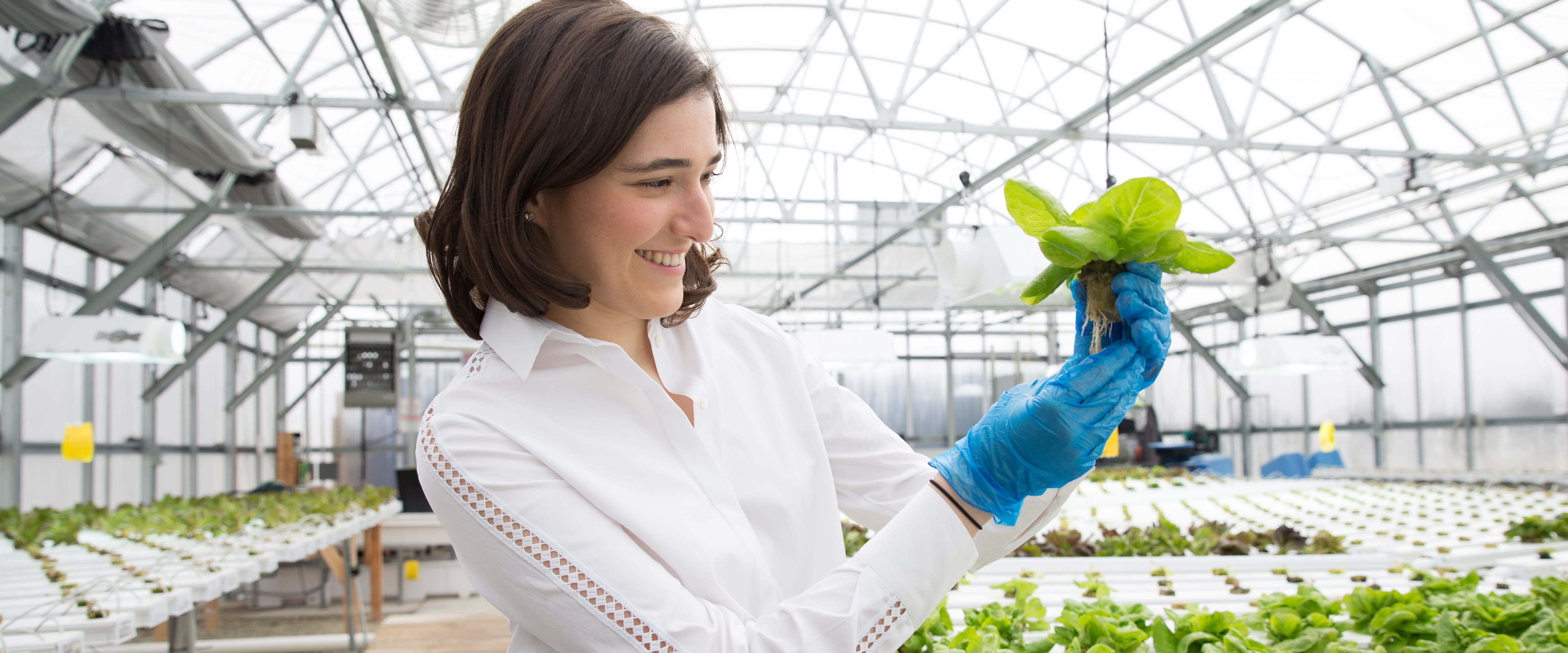 Woman in a greenhouse holding up a plant and smiling at it