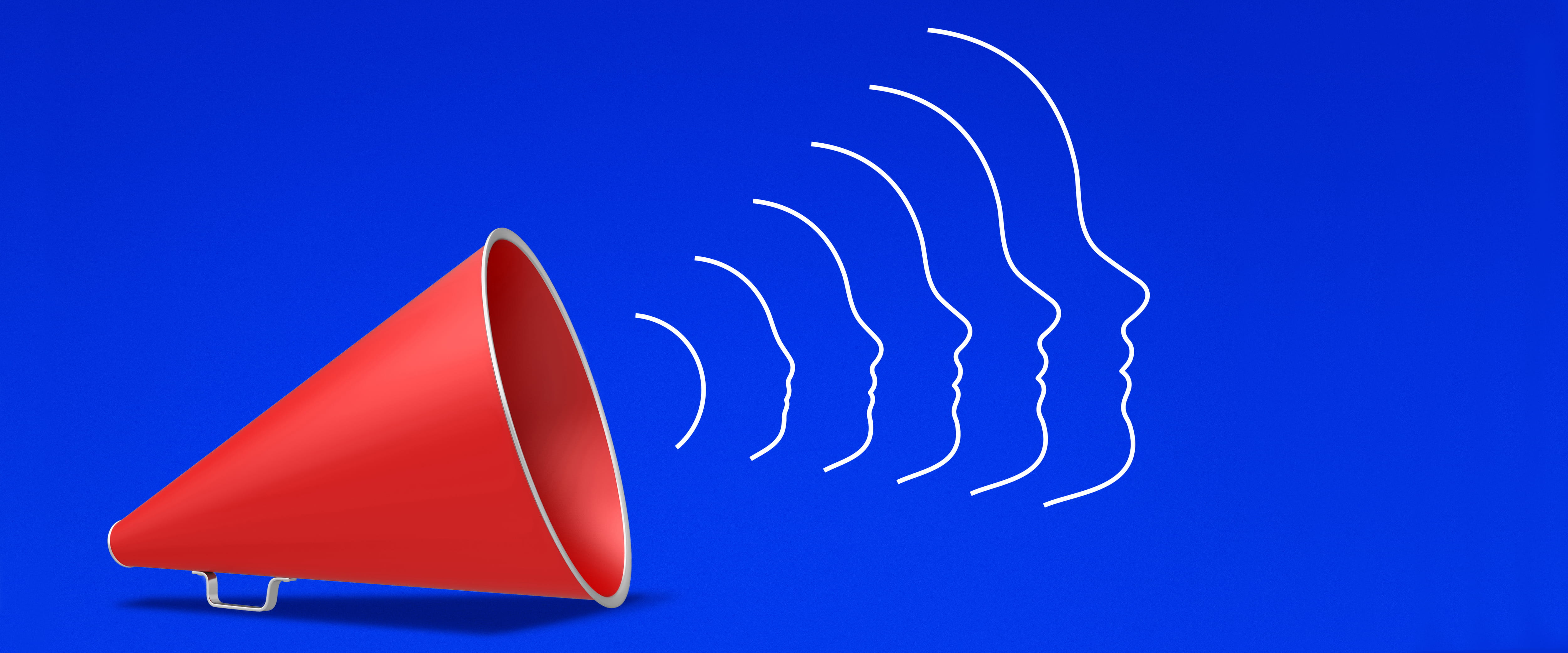 Illustration of megaphone with soundwaves emerging to form a human face