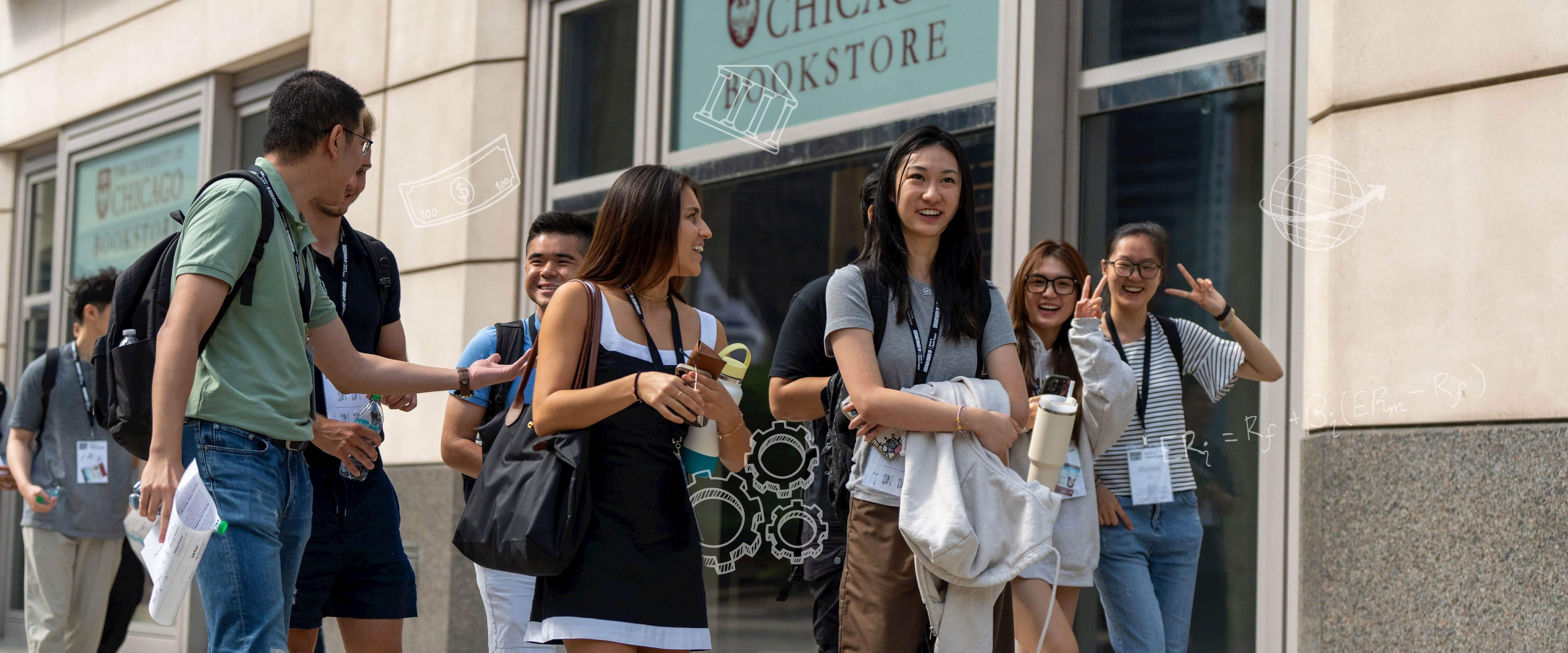 Student smiling while talking with other students.