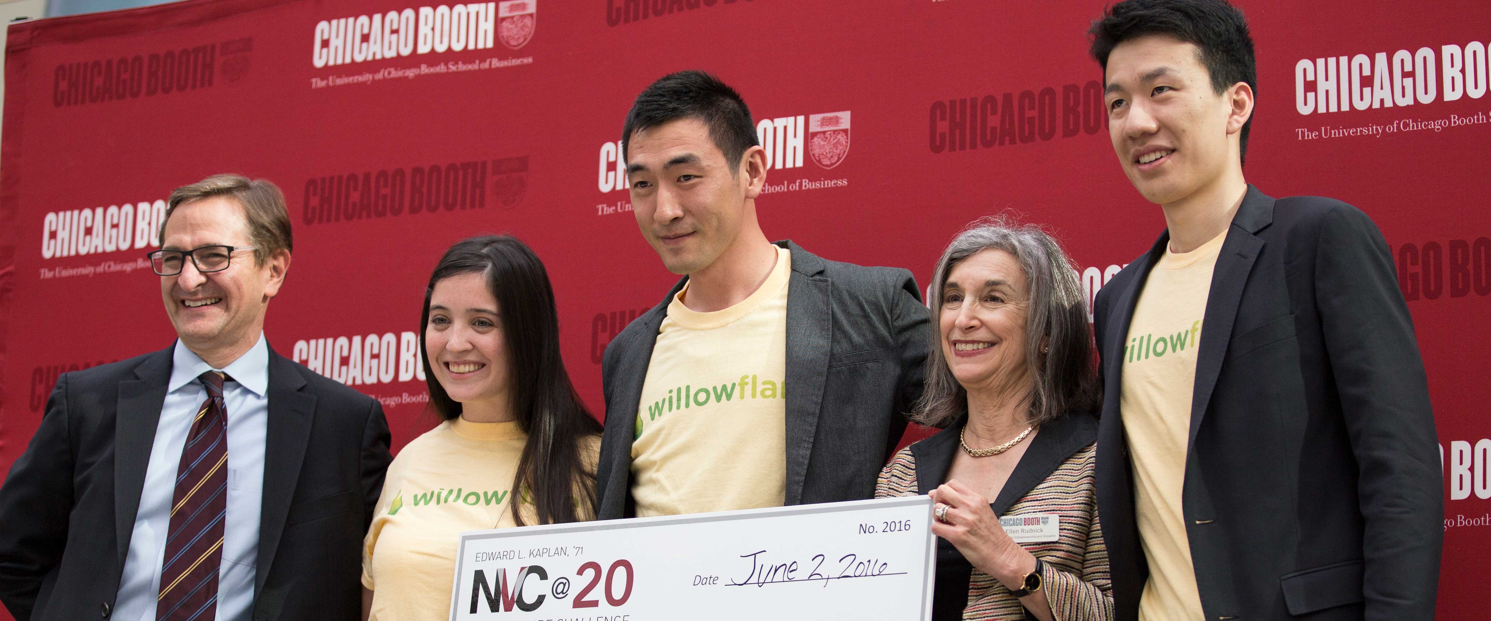 New Venture Challenge winners pose with Booth professor Steve Kaplan