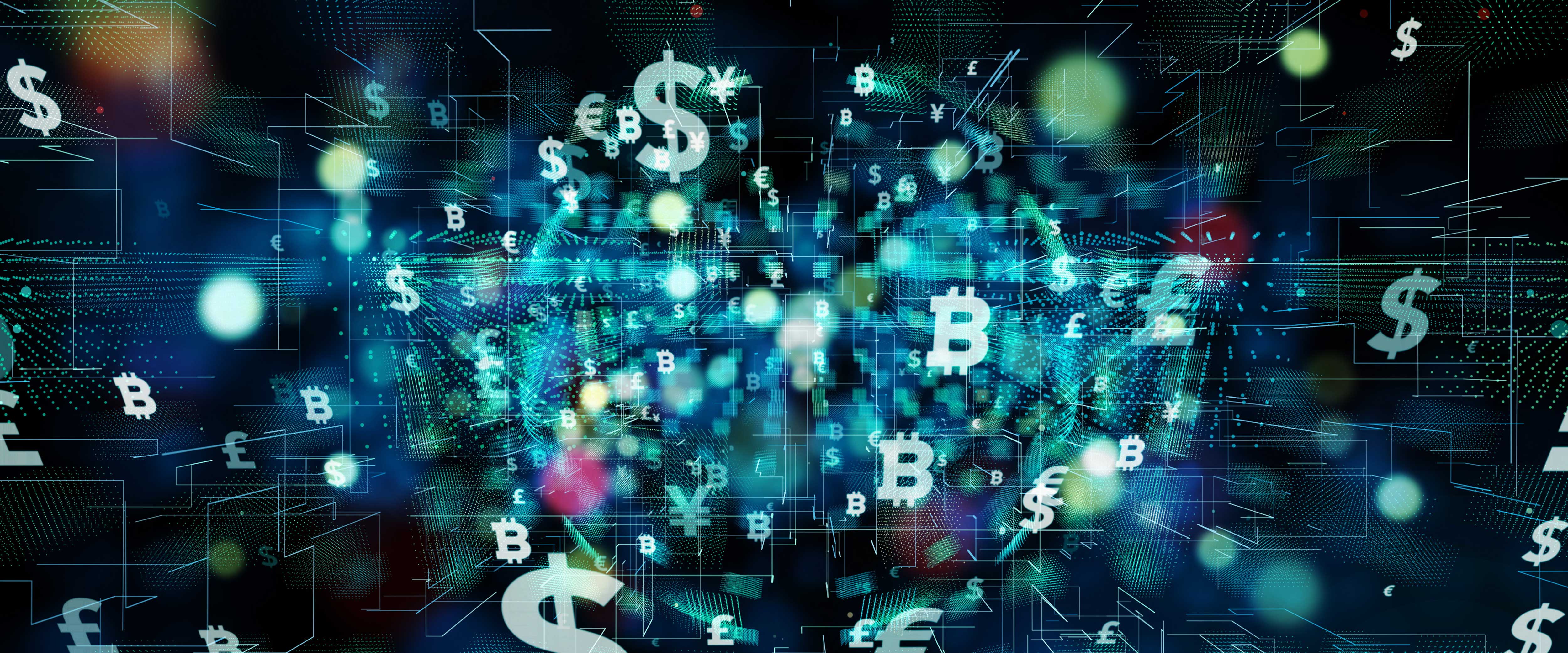 Digital screen of a globe, bitcoin and financial symbols